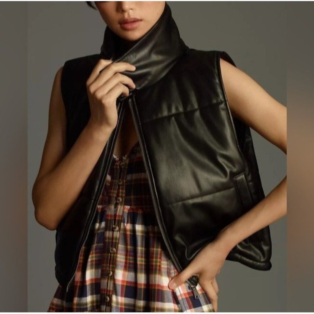 NWT Anthropologie Cropped Black Quilted Leather Vest